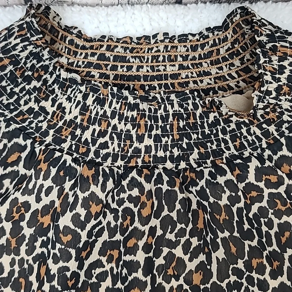 J Crew Long Sleeve Leopard Smocked Mock Neck Blouse/Shirt in Brown/Black - NWT
